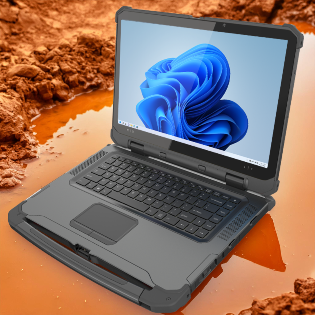 rugged laptop in mud